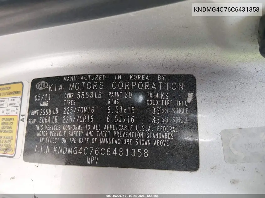 2012 KIA SEDONA VIN KNDMG4C76C6431358 — фото 9