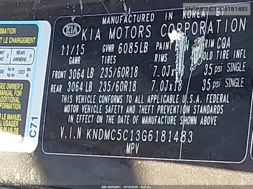 2016 KIA SEDONA VIN KNDMC5C13G6181483 — фото 9