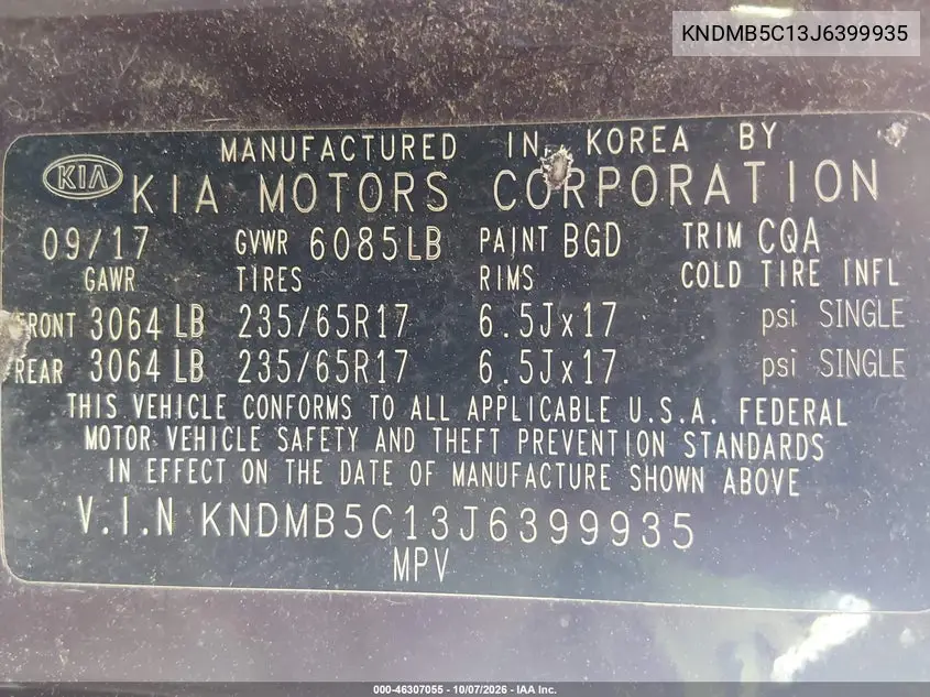 2018 KIA SEDONA VIN KNDMB5C13J6399935 — фото 9
