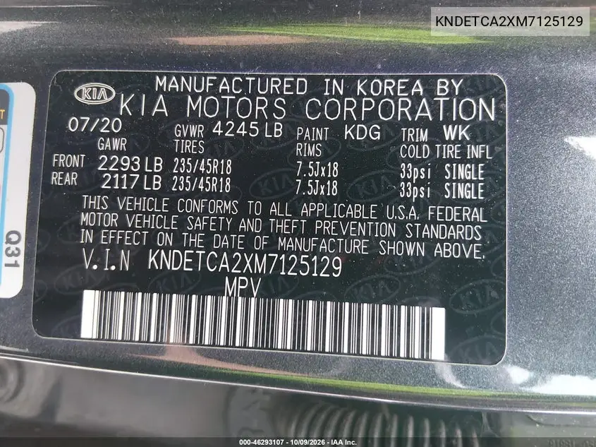 2021 KIA SELTOS VIN KNDETCA2XM7125129 — фото 9