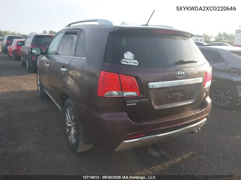 2012 KIA SORENTO VIN 5XYKWDA2XCG220646 — фото 3