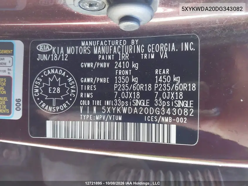 2013 KIA SORENTO VIN 5XYKWDA20DG343082 — фото 9