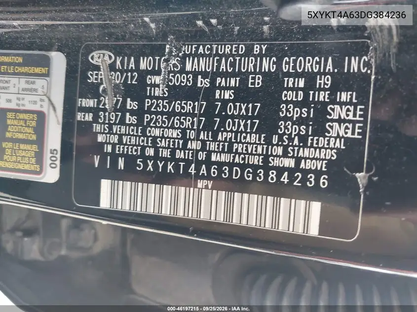 2013 KIA SORENTO VIN 5XYKT4A63DG384236 — фото 9