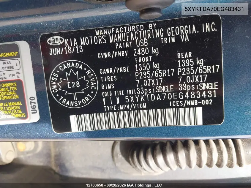 2014 KIA SORENTO VIN 5XYKTDA70EG483431 — фото 9