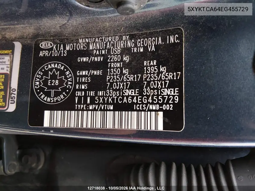 2014 KIA SORENTO VIN 5XYKTCA64EG455729 — фото 9