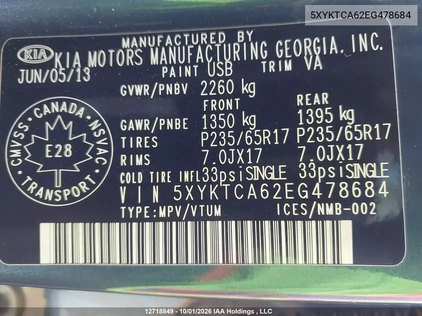 2014 KIA SORENTO VIN 5XYKTCA62EG478684 — фото 18
