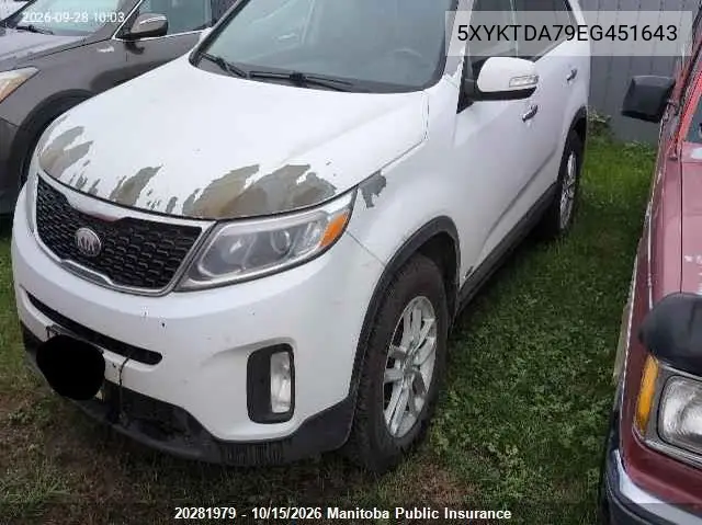 KIA SORENTO 2014, VIN 5XYKTDA79EG451643