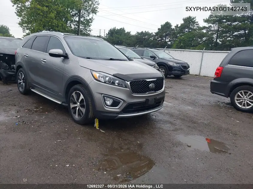 KIA SORENTO 2016, VIN 5XYPHDA51GG142743