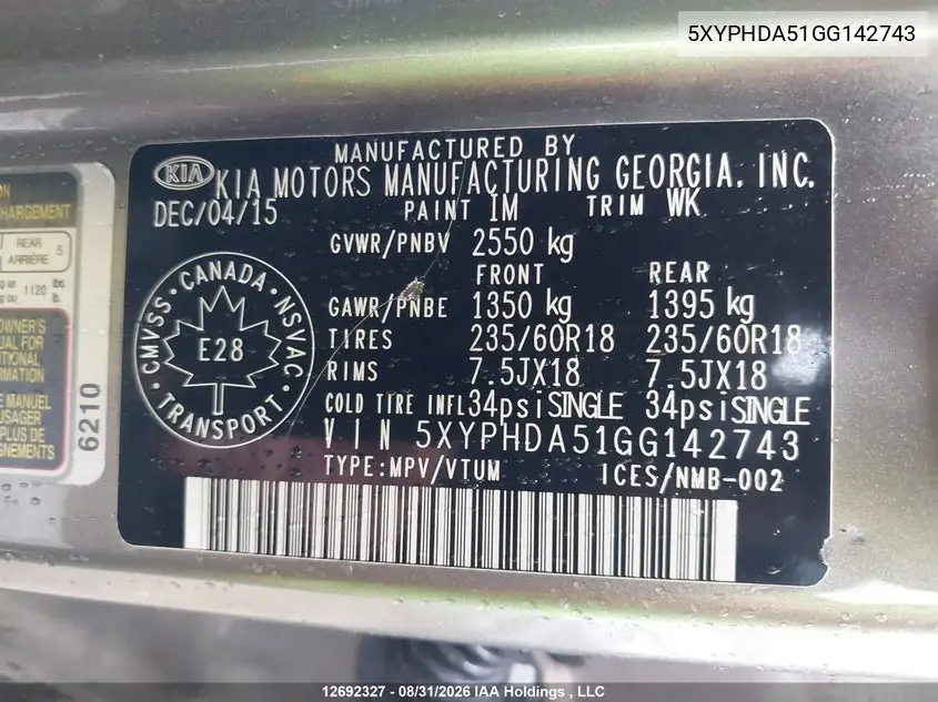 2016 KIA SORENTO VIN 5XYPHDA51GG142743 — фото 9