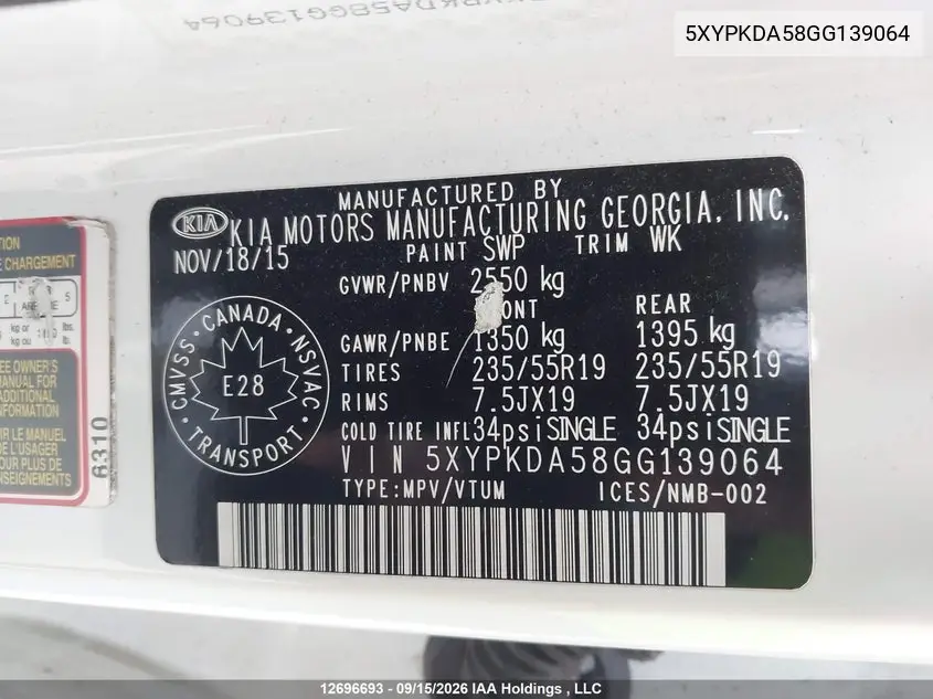 2016 KIA SORENTO VIN 5XYPKDA58GG139064 — фото 9