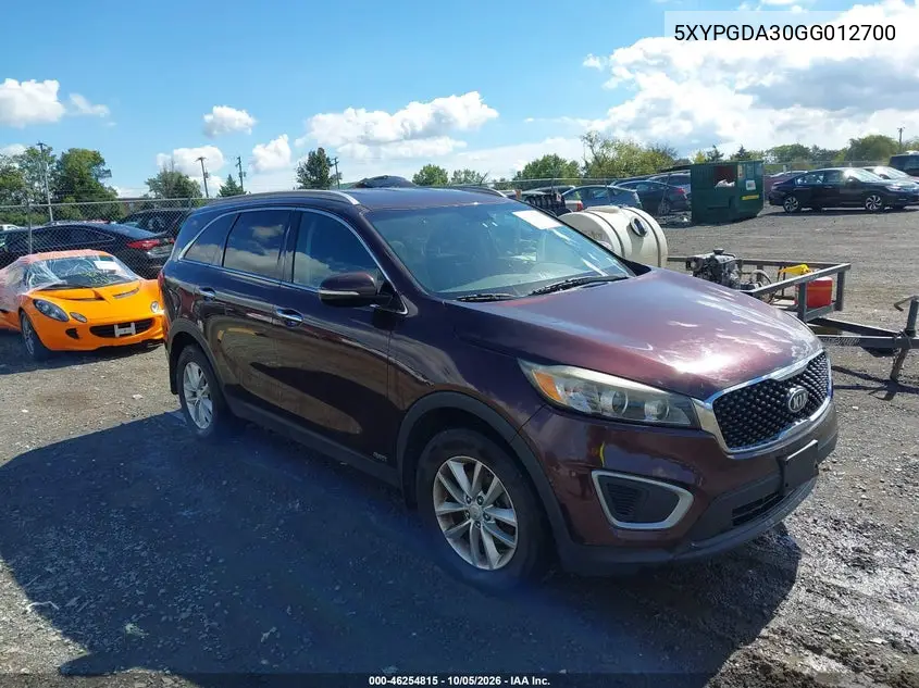 KIA SORENTO 2016, VIN 5XYPGDA30GG012700