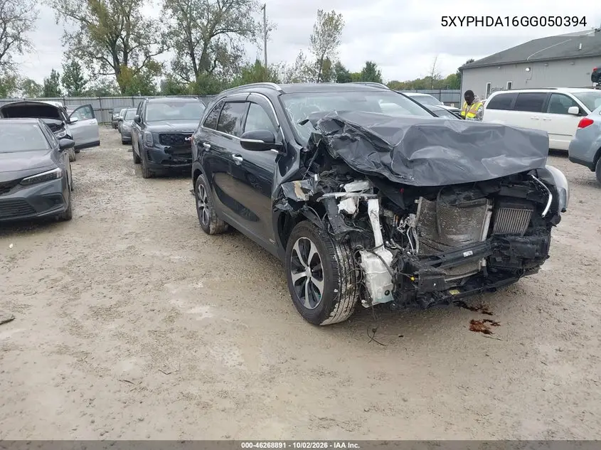 KIA SORENTO 2016, VIN 5XYPHDA16GG050394