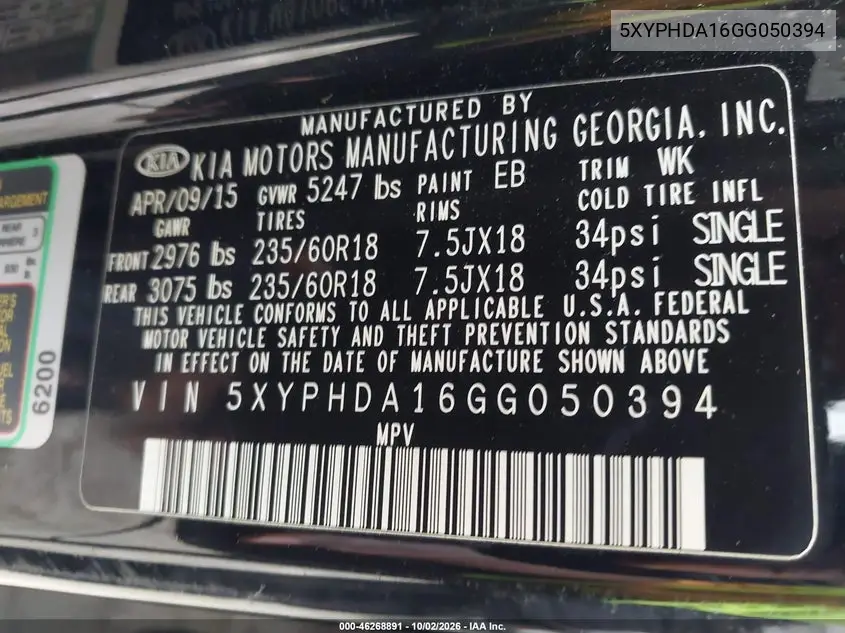 2016 KIA SORENTO VIN 5XYPHDA16GG050394 — фото 9