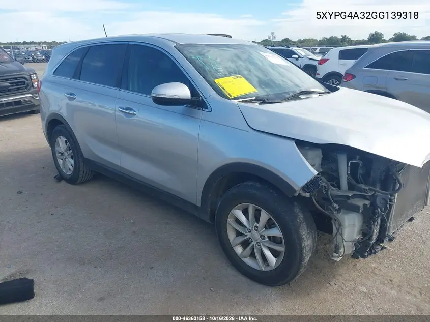 KIA SORENTO 2016, VIN 5XYPG4A32GG139318