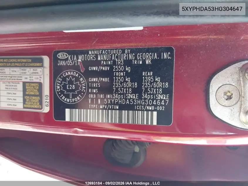 2017 KIA SORENTO VIN 5XYPHDA53HG304647 — фото 9
