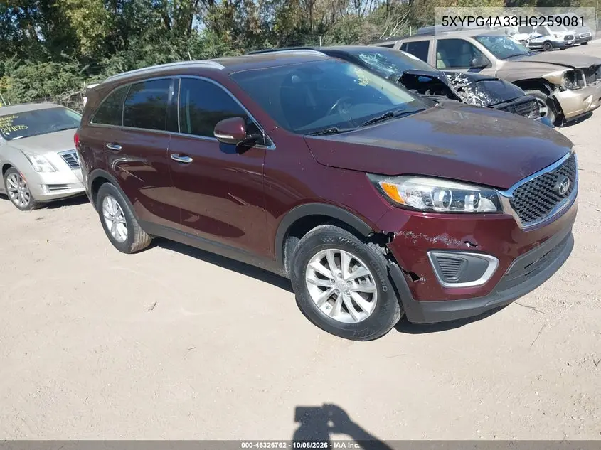 KIA SORENTO 2017, VIN 5XYPG4A33HG259081