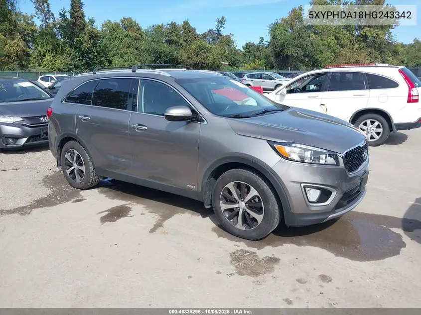 KIA SORENTO 2017, VIN 5XYPHDA18HG243342