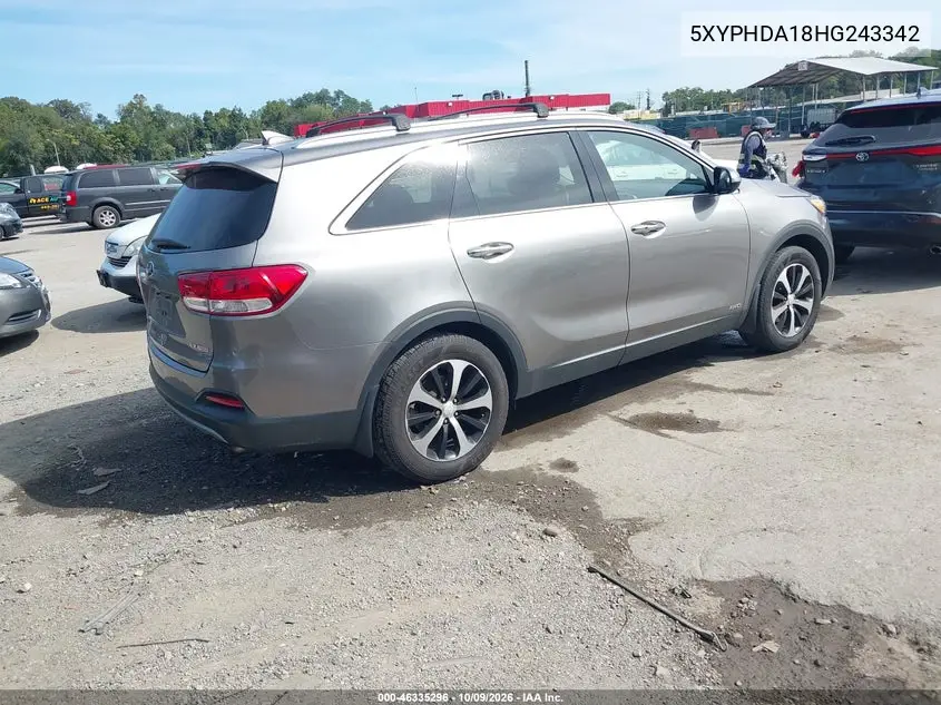 2017 KIA SORENTO VIN 5XYPHDA18HG243342 — фото 4