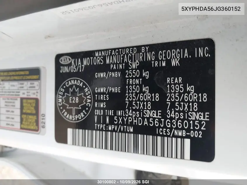 2018 KIA SORENTO VIN 5XYPHDA56JG360152 — фото 9