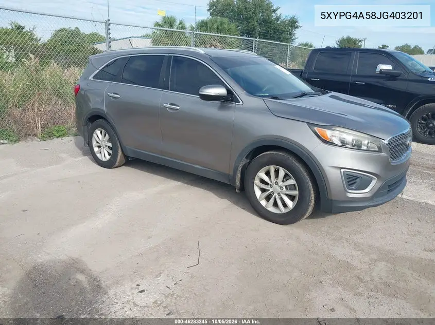 KIA SORENTO 2018, VIN 5XYPG4A58JG403201
