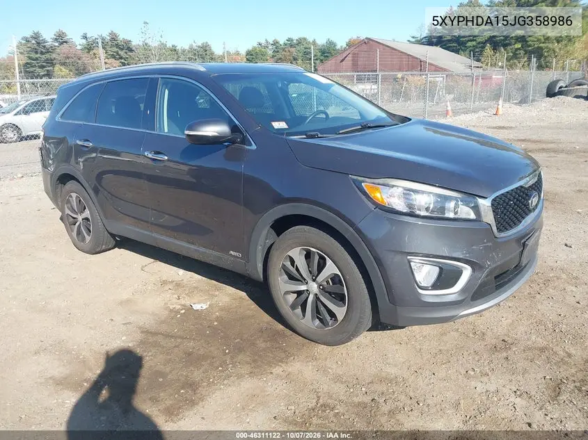 KIA SORENTO 2018, VIN 5XYPHDA15JG358986