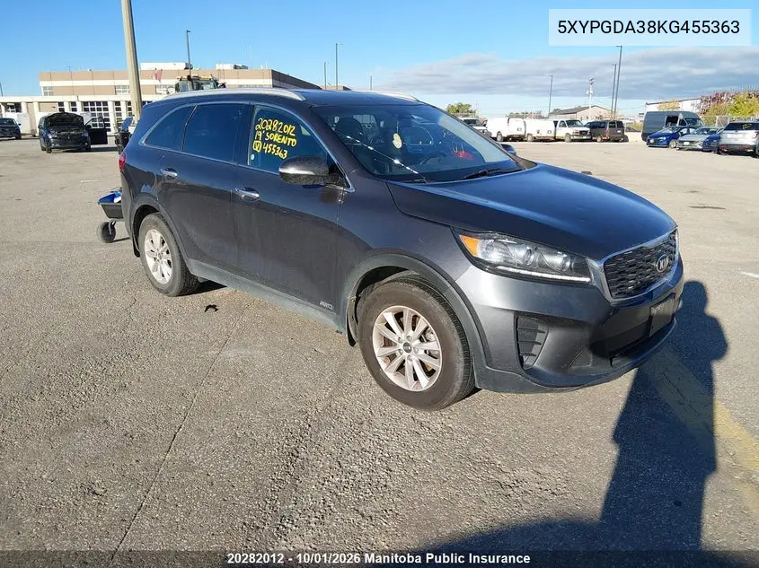 KIA SORENTO 2019, VIN 5XYPGDA38KG455363