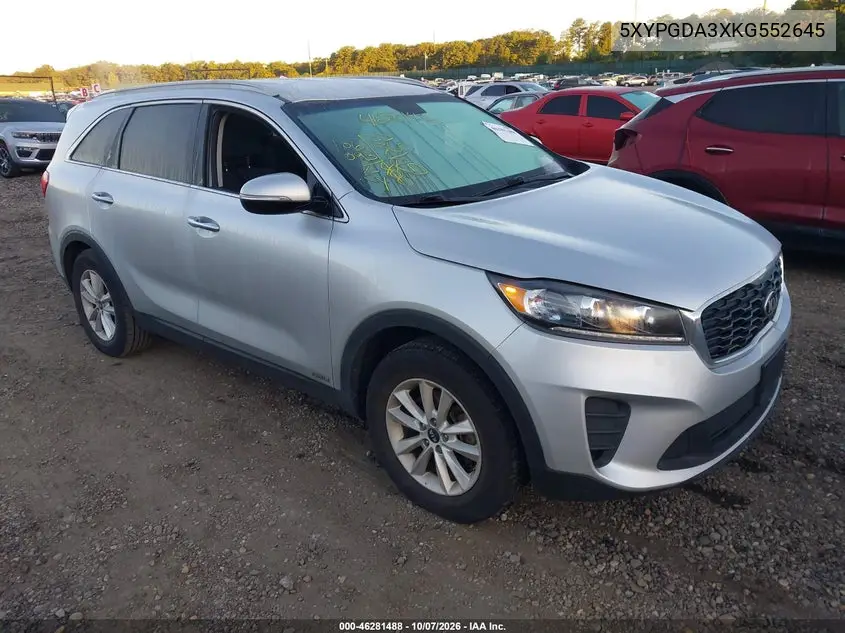 KIA SORENTO 2019, VIN 5XYPGDA3XKG552645
