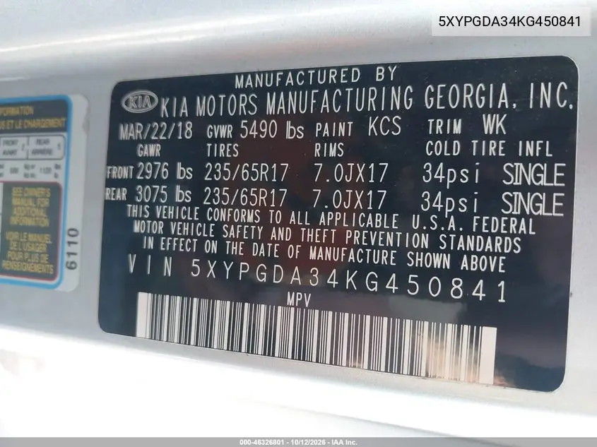 KIA SORENTO 2019, VIN 5XYPGDA34KG450841