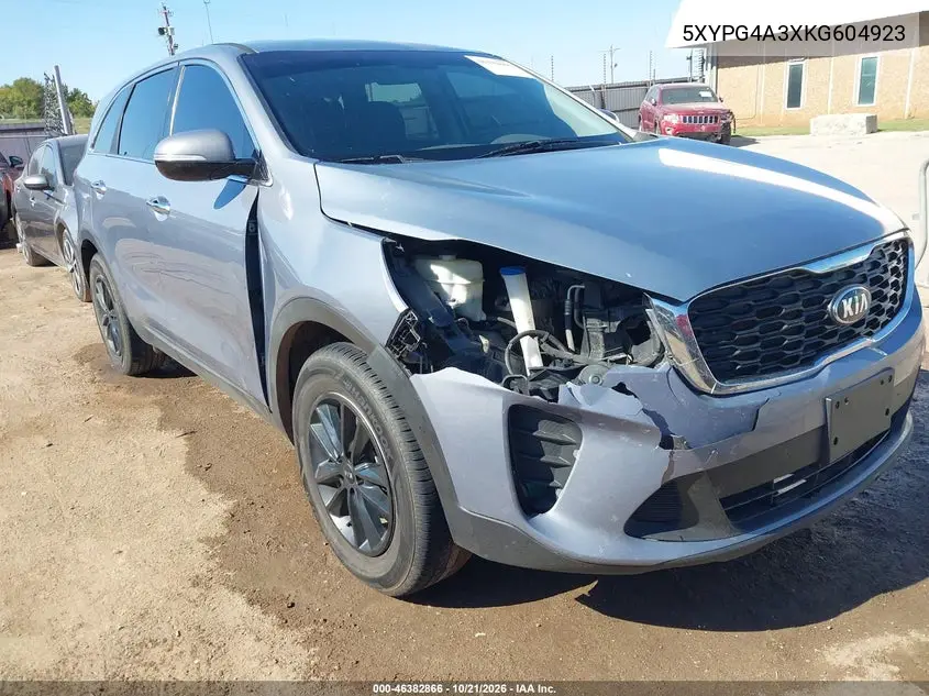 KIA SORENTO 2019, VIN 5XYPG4A3XKG604923