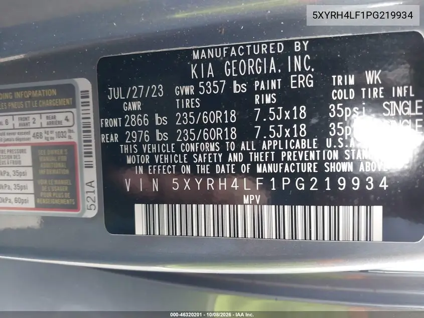 2023 KIA SORENTO VIN 5XYRH4LF1PG219934 — фото 9