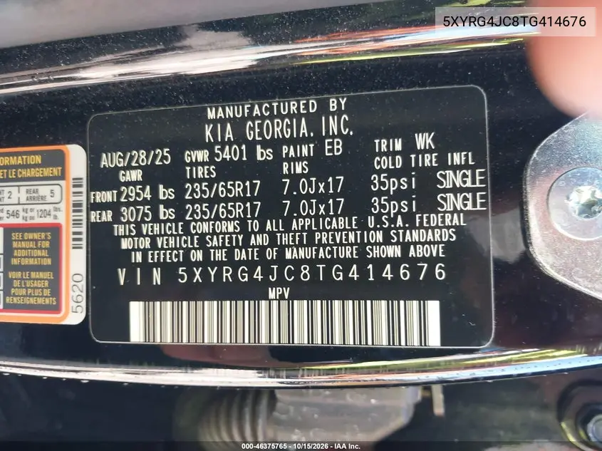 2026 KIA SORENTO VIN 5XYRG4JC8TG414676 — фото 9