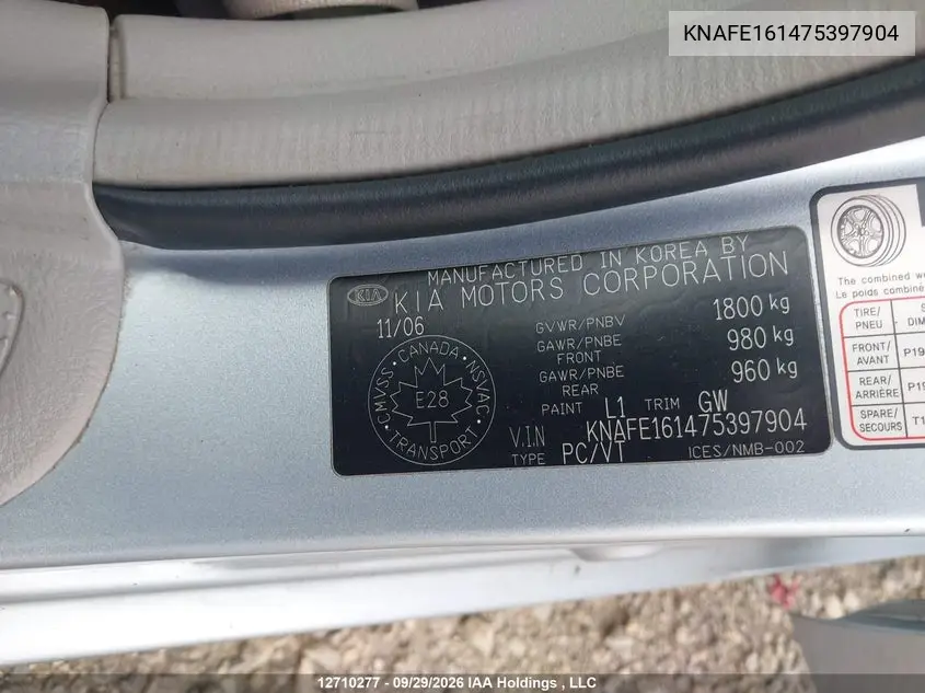 2007 KIA SPECTRA VIN KNAFE161475397904 — фото 9