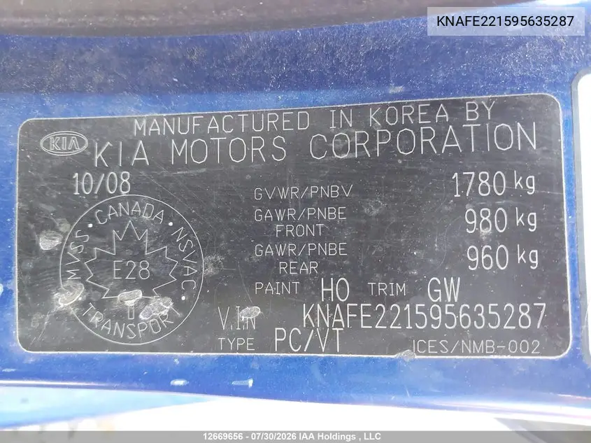 2009 KIA SPECTRA VIN KNAFE221595635287 — фото 19