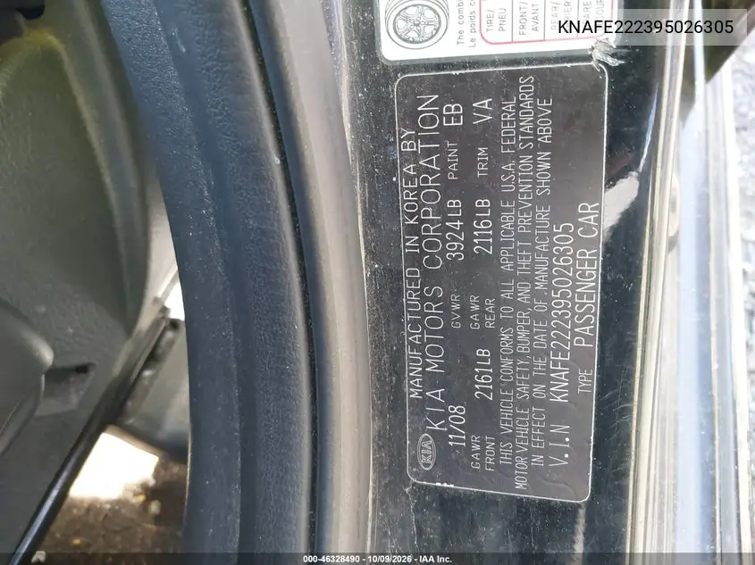 2009 KIA SPECTRA VIN KNAFE222395026305 — фото 9