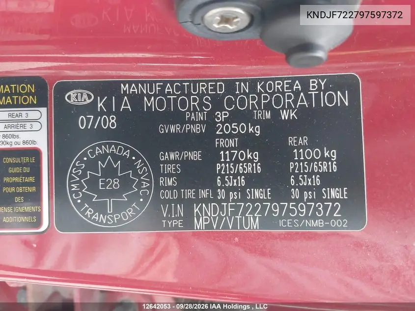 2009 KIA SPORTAGE VIN KNDJF722797597372 — фото 22