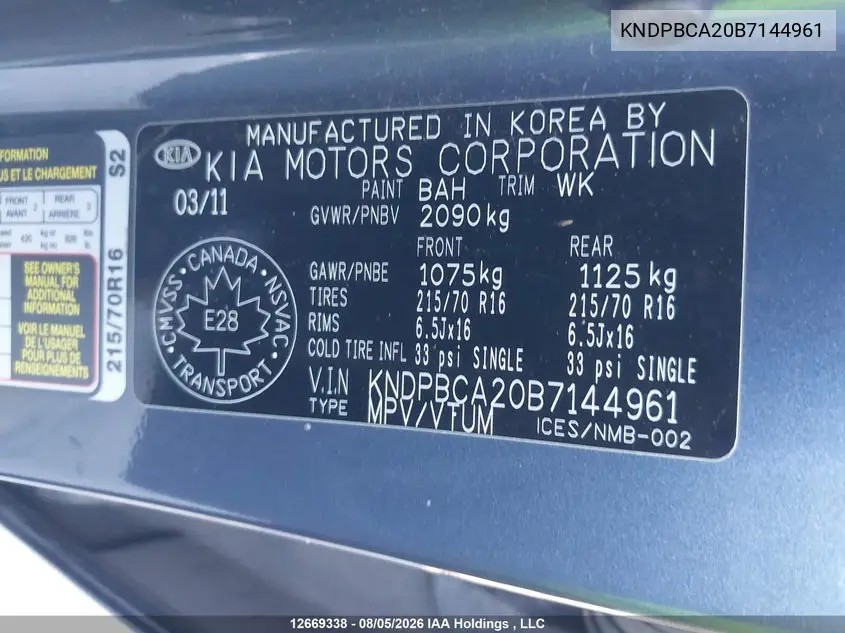 2011 KIA SPORTAGE VIN KNDPBCA20B7144961 — фото 20