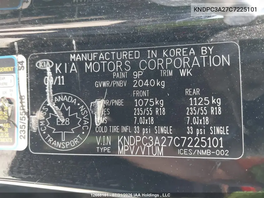 2012 KIA SPORTAGE VIN KNDPC3A27C7225101 — фото 9