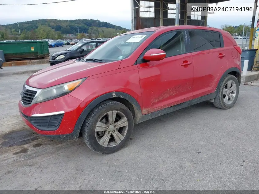 2012 KIA SPORTAGE VIN KNDPB3A24C7194196 — фото 2