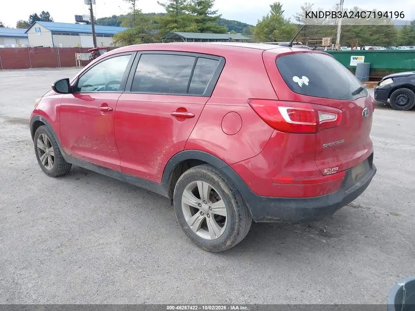 2012 KIA SPORTAGE VIN KNDPB3A24C7194196 — фото 3