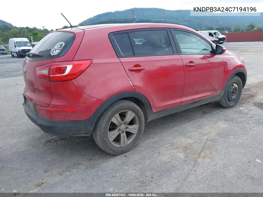 2012 KIA SPORTAGE VIN KNDPB3A24C7194196 — фото 4