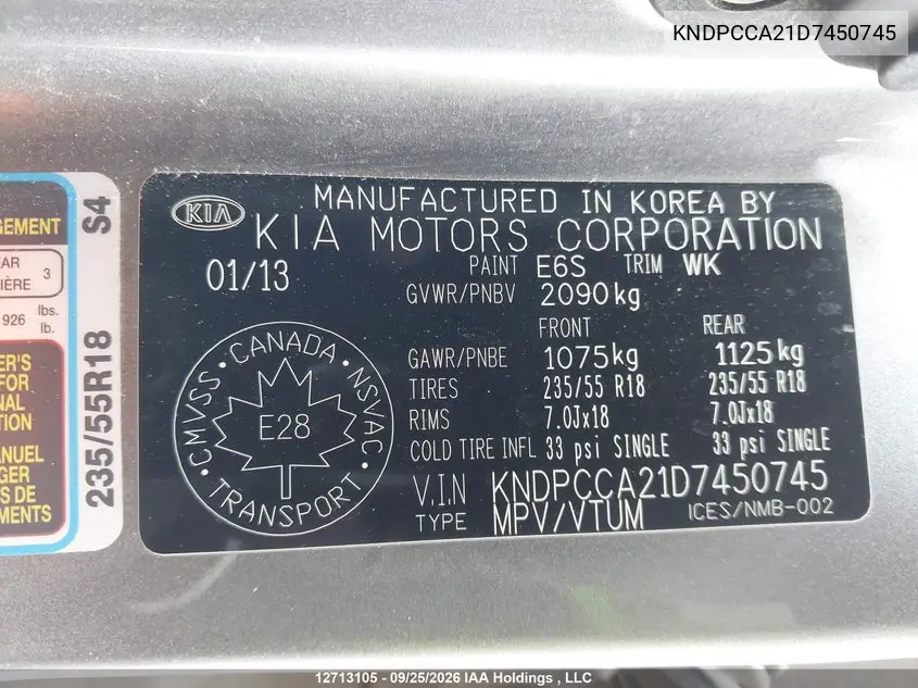 2013 KIA SPORTAGE VIN KNDPCCA21D7450745 — фото 9