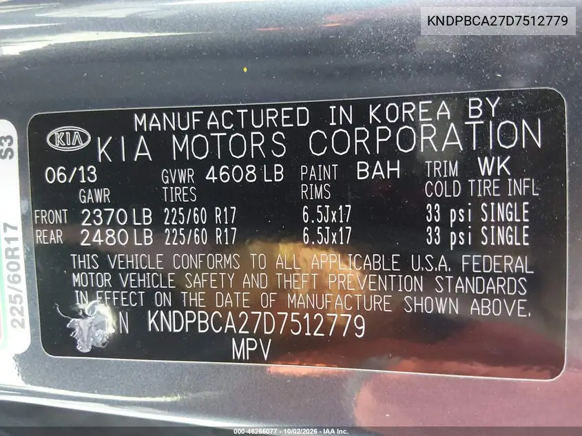 2013 KIA SPORTAGE VIN KNDPBCA27D7512779 — фото 9