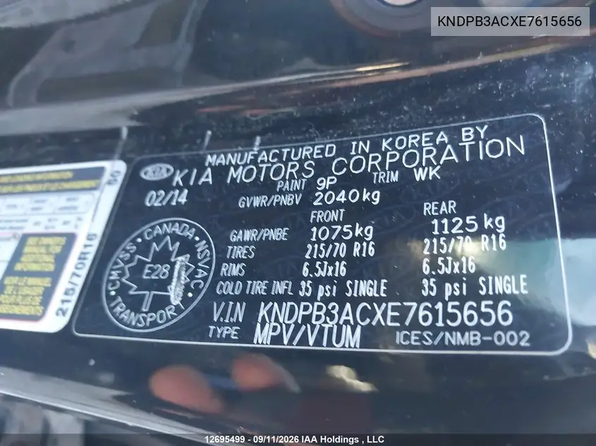 2014 KIA SPORTAGE VIN KNDPB3ACXE7615656 — фото 9