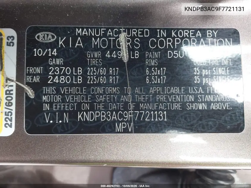 2015 KIA SPORTAGE VIN KNDPB3AC9F7721131 — фото 9