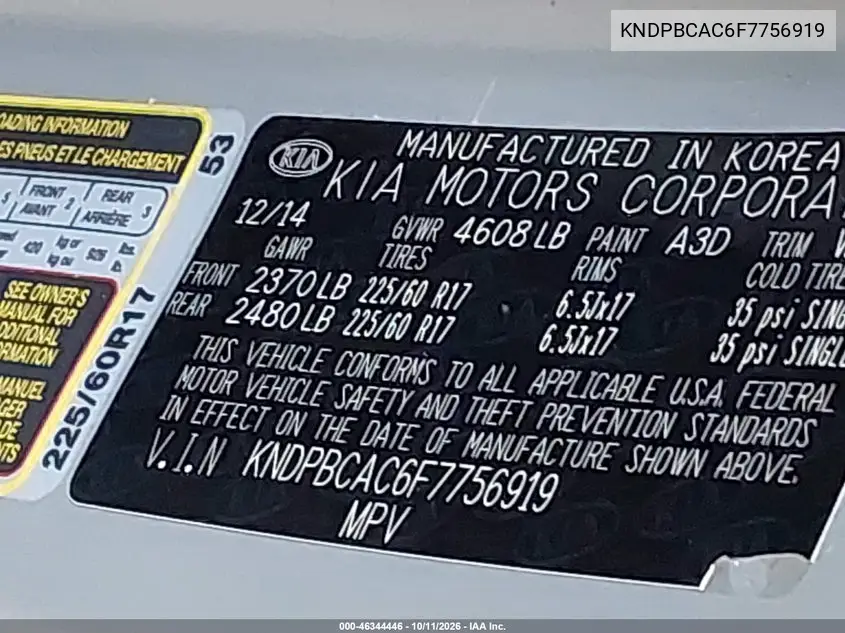 2015 KIA SPORTAGE VIN KNDPBCAC6F7756919 — фото 9