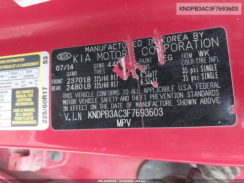2015 KIA SPORTAGE VIN KNDPB3AC3F7693603 — фото 9