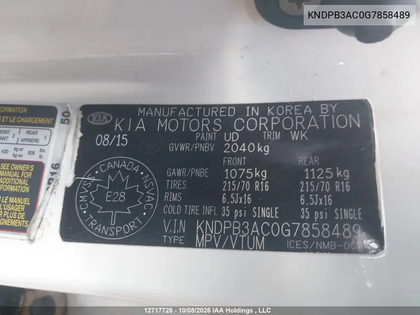 2016 KIA SPORTAGE VIN KNDPB3AC0G7858489 — фото 9