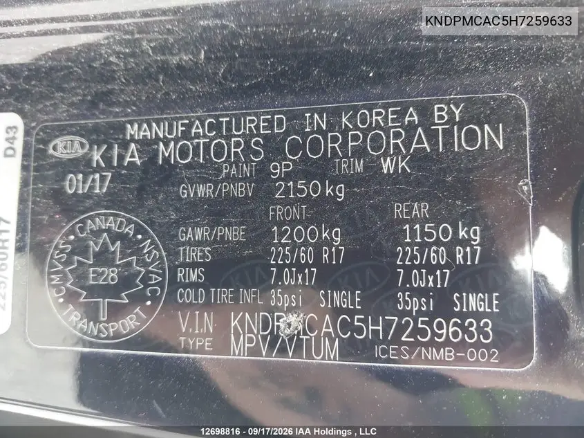 2017 KIA SPORTAGE VIN KNDPMCAC5H7259633 — фото 20