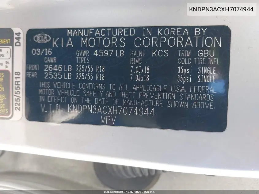 2017 KIA SPORTAGE VIN KNDPN3ACXH7074944 — фото 9