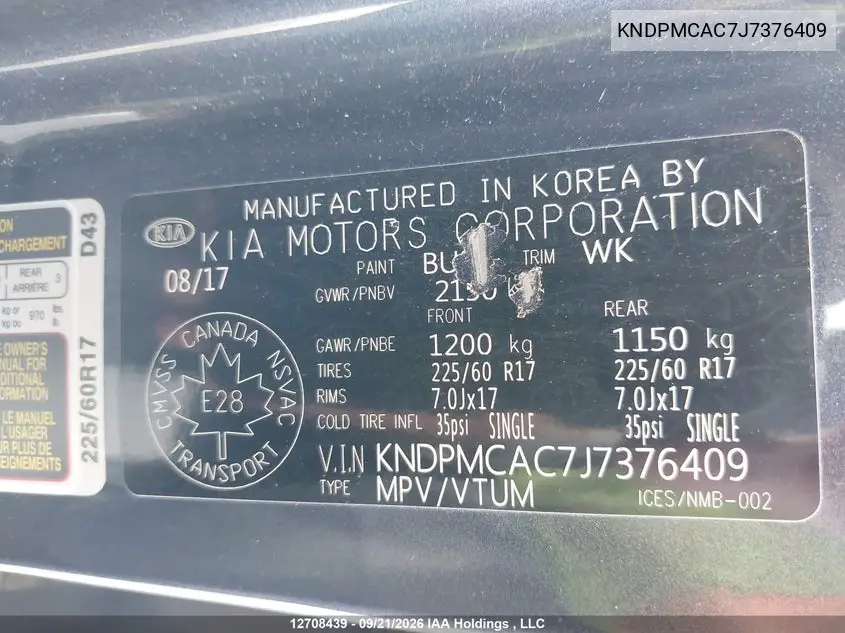 2018 KIA SPORTAGE VIN KNDPMCAC7J7376409 — фото 9
